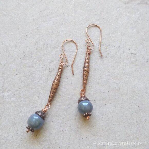 Handmade! Beautiful Denim Blue Beads & Copper Hardware - Unique Dangle Earrings - Picture 6 of 10